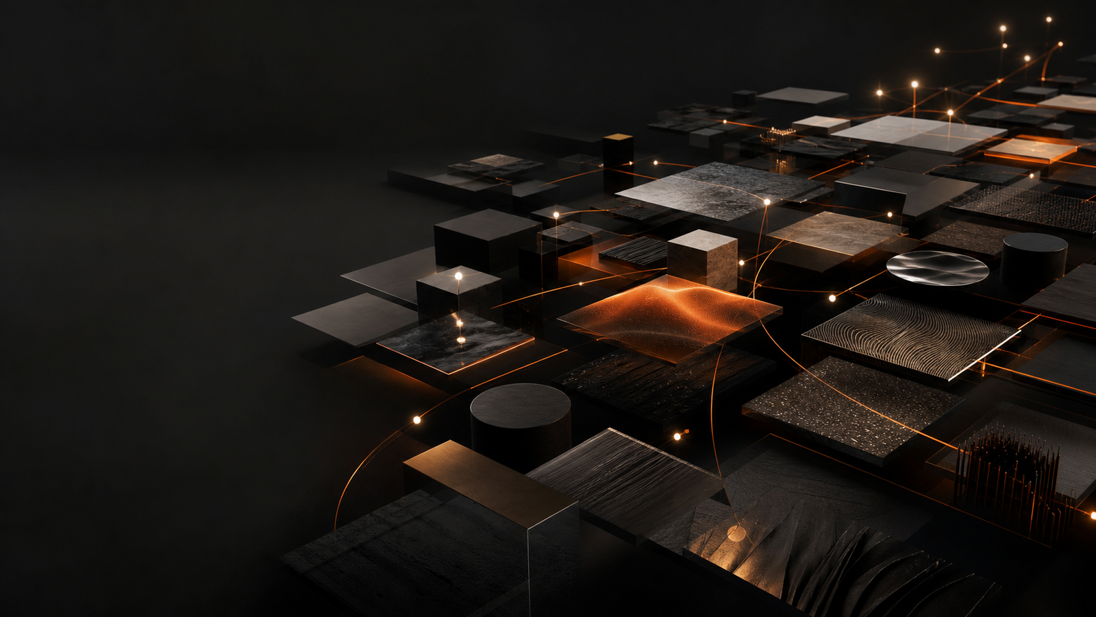 Constelação abstrata de materiais conectados por linhas laranja.